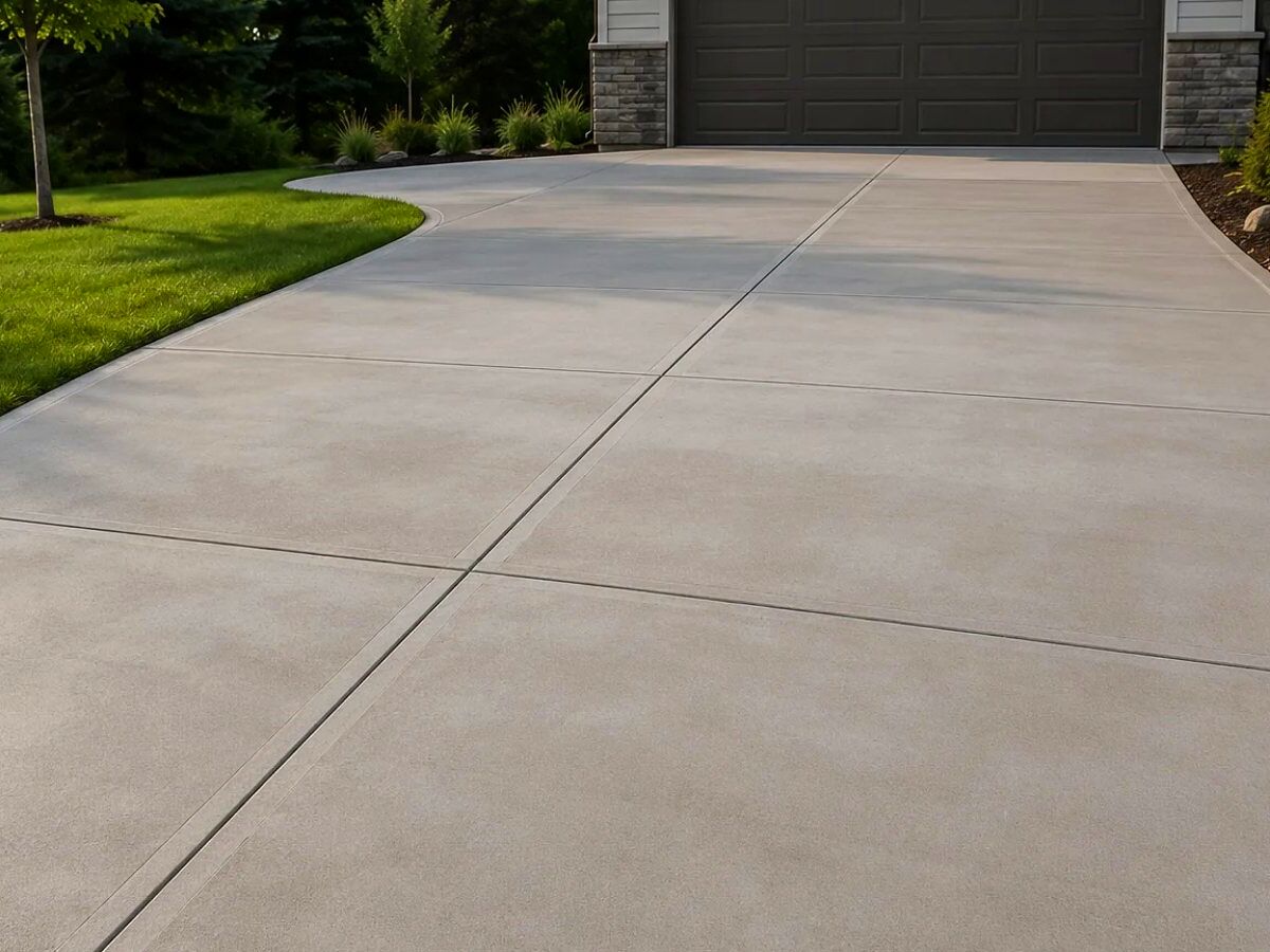 Broom-finished concrete driveway curving up to an attached two-car garage