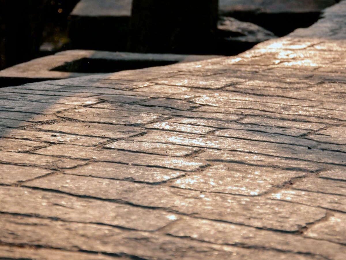 Close-up of stamped concrete in a stone pattern